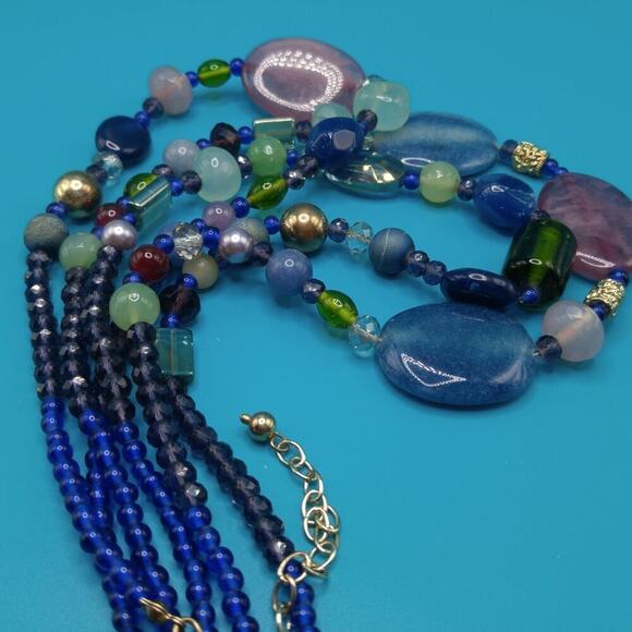 Chico’s Three Strand Gemstone Glass Beaded Necklace Blue Green Purple 22” - Picture 8 of 10